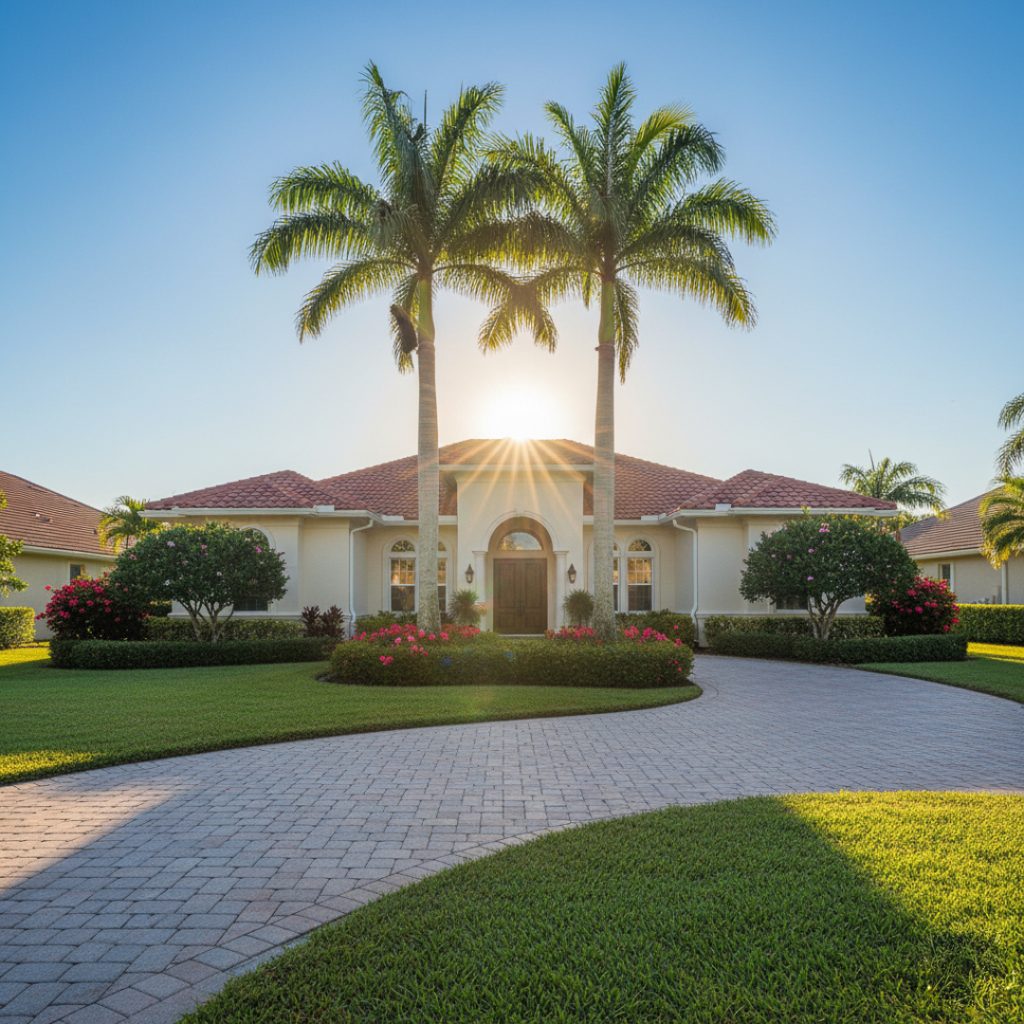beautiful front of home landscaped with green grass and big palm trees