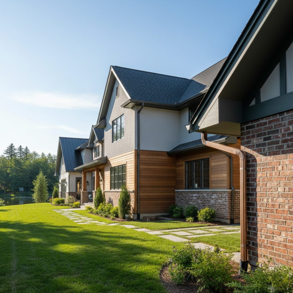 modesto home with wood accents and new gutters installed