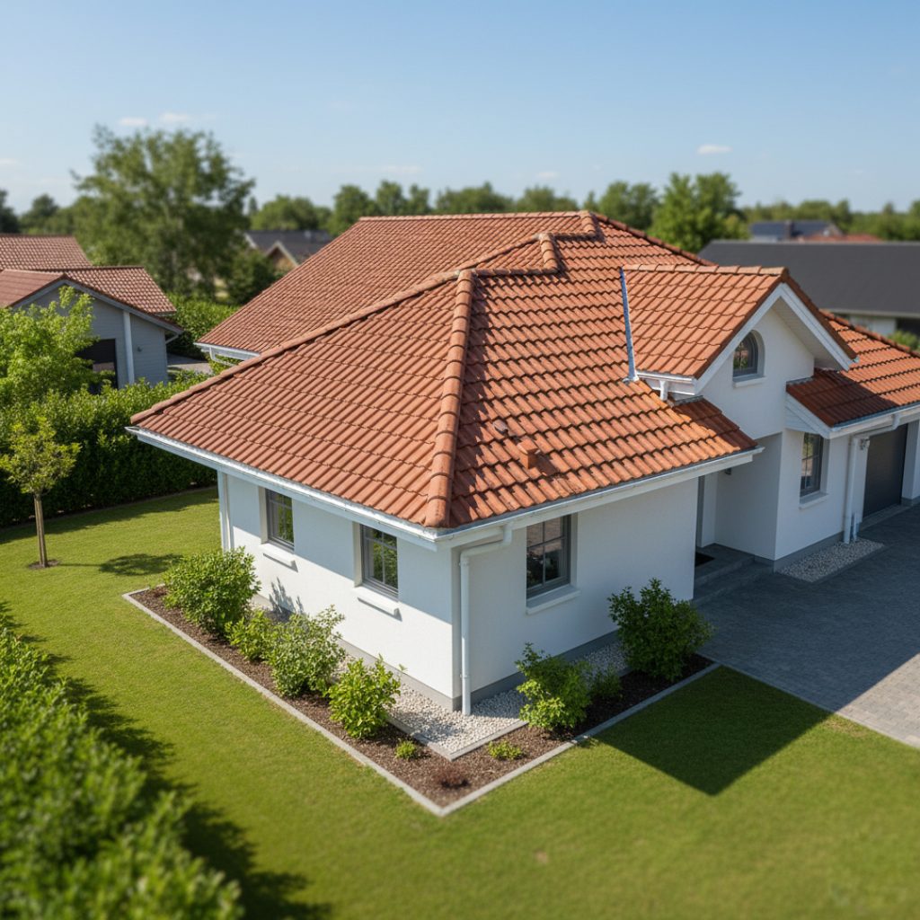 Charming Modesto CA home with terracotta tile roof and clean seamless gutters, showcasing professional installation and maintenance benefits
