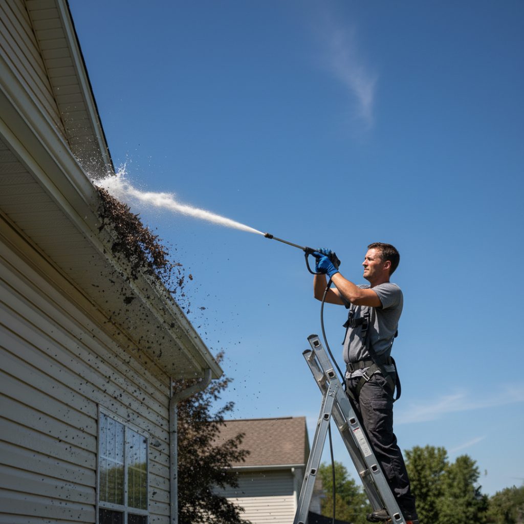 Gutter cleaning tech using high-pressure hose to flush out dirt and sediment from home gutters in a sunny Modesto neighborhood