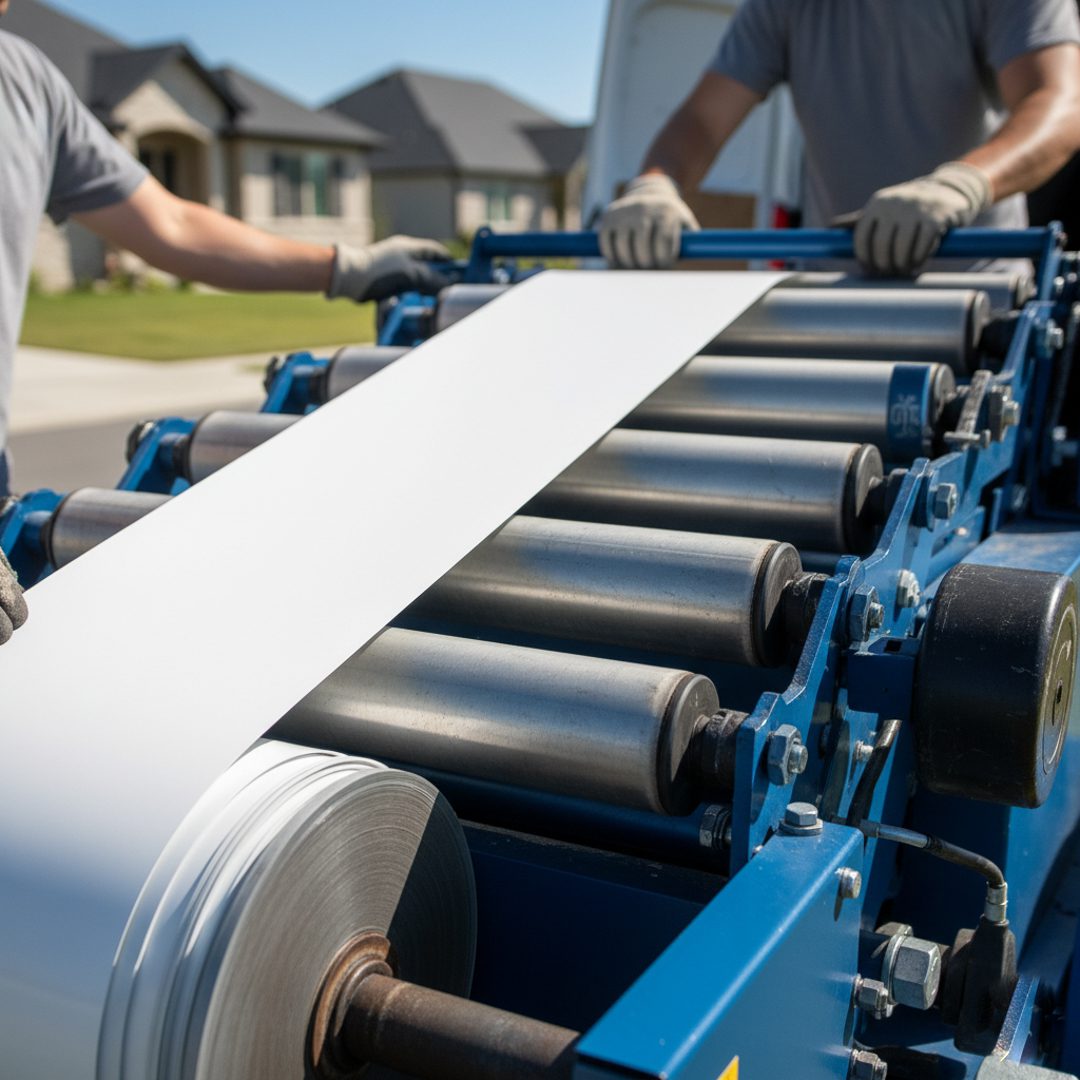 Team installing seamless rain gutters on Modesto CA home using on-site fabrication machine, highlighting expert gutter services