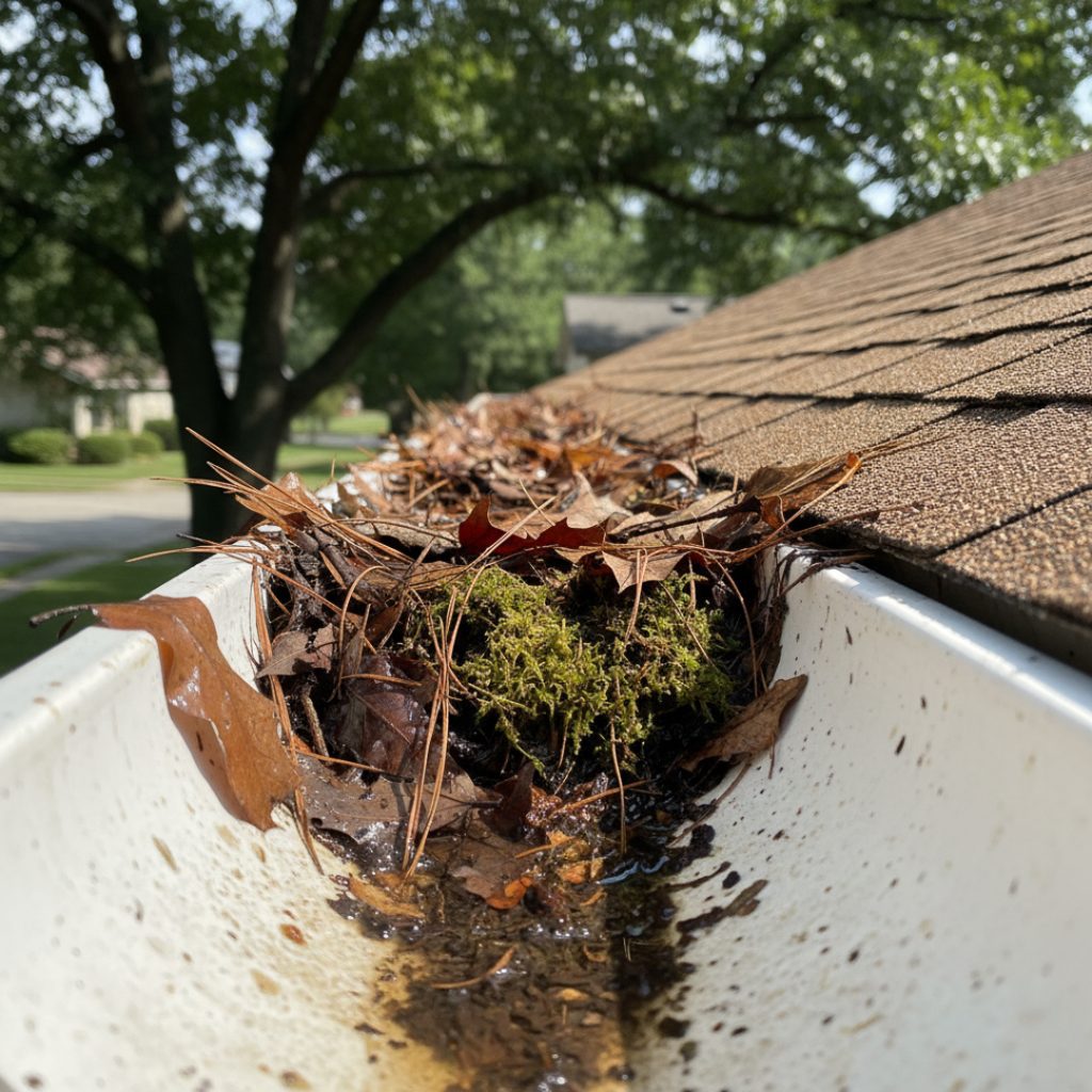 Close-up of heavily clogged rain gutter filled with wet leaves and twigs, highlighting the need for expert cleaning services in Modesto
