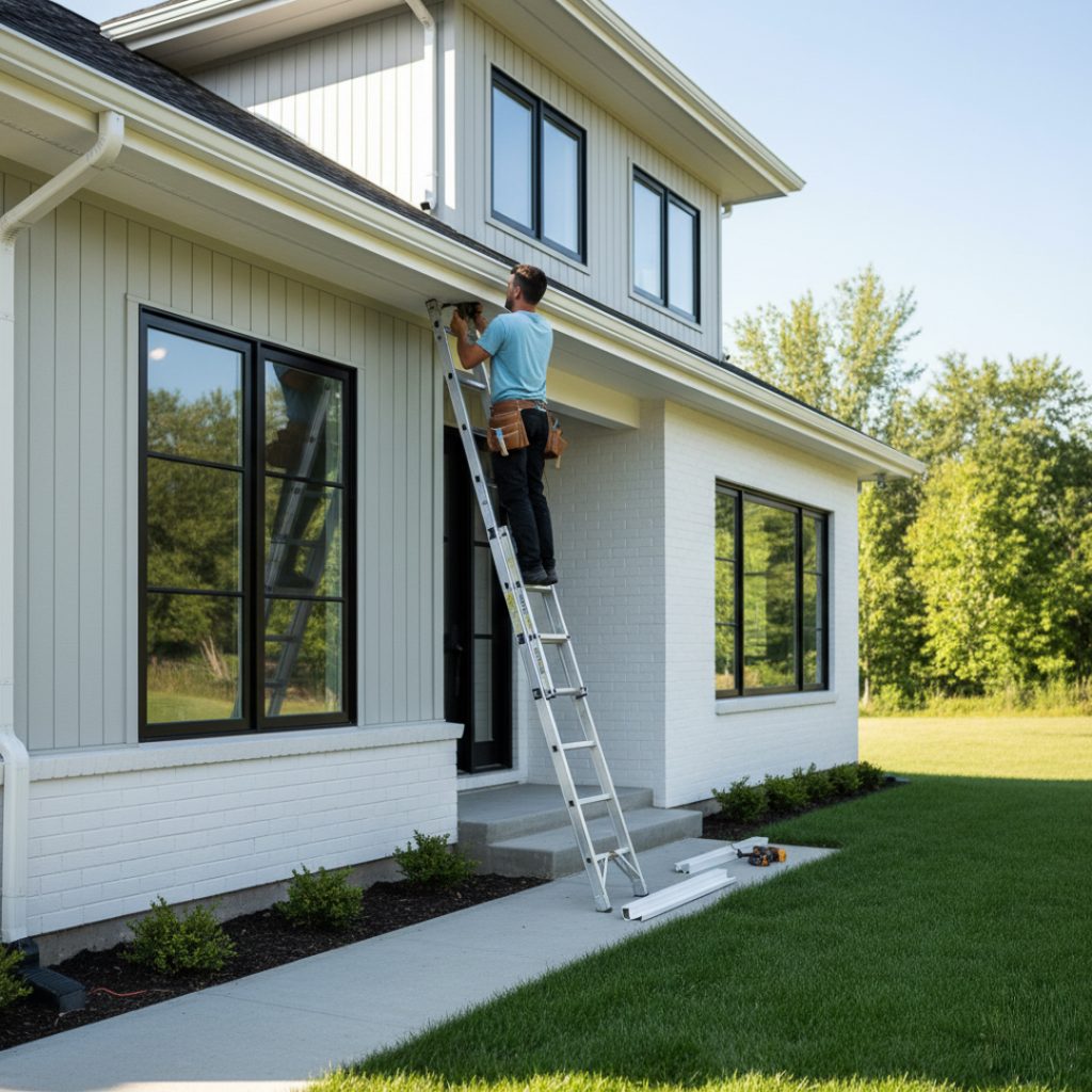 man installing gutters on a white modesto home