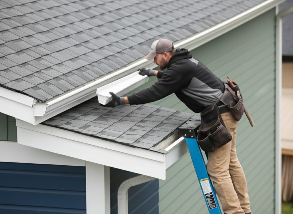 pro gutters modesto employee installing gutters on a modesto property
