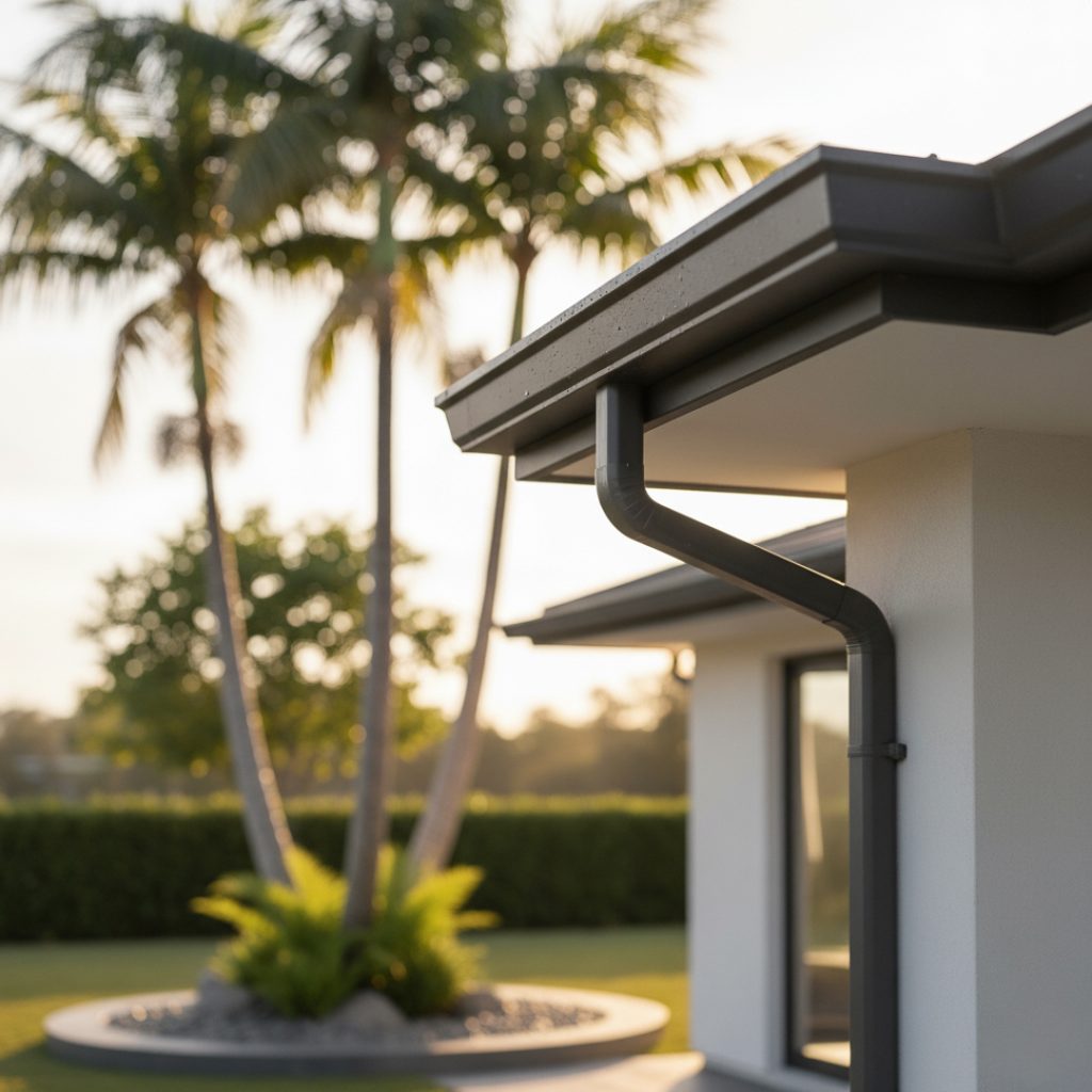 white home dark trim with palm trees gutters repaired in modesto ca