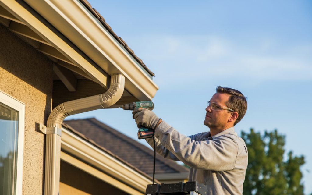 man with drill on ladder repairing gutters