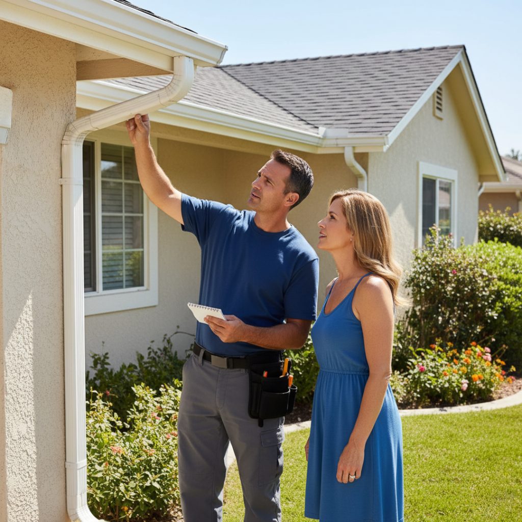 pro gutters modesto crew member and customer doing gutter inspection looking up at gutters