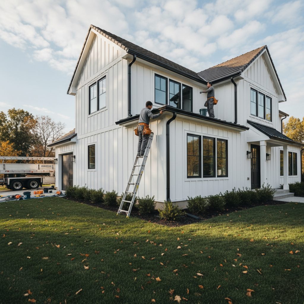 two guys using ladders to fix gutters on modesto home