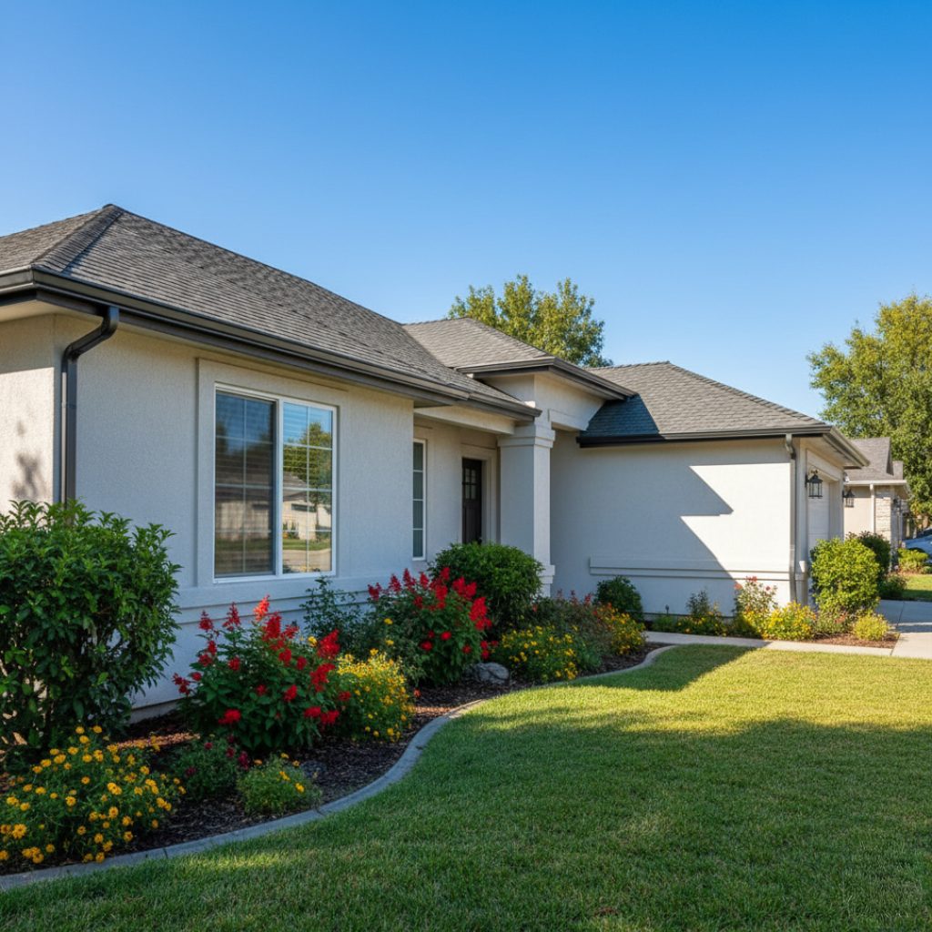 modern home in modesto, ca with dark gutters green landscaping clear day