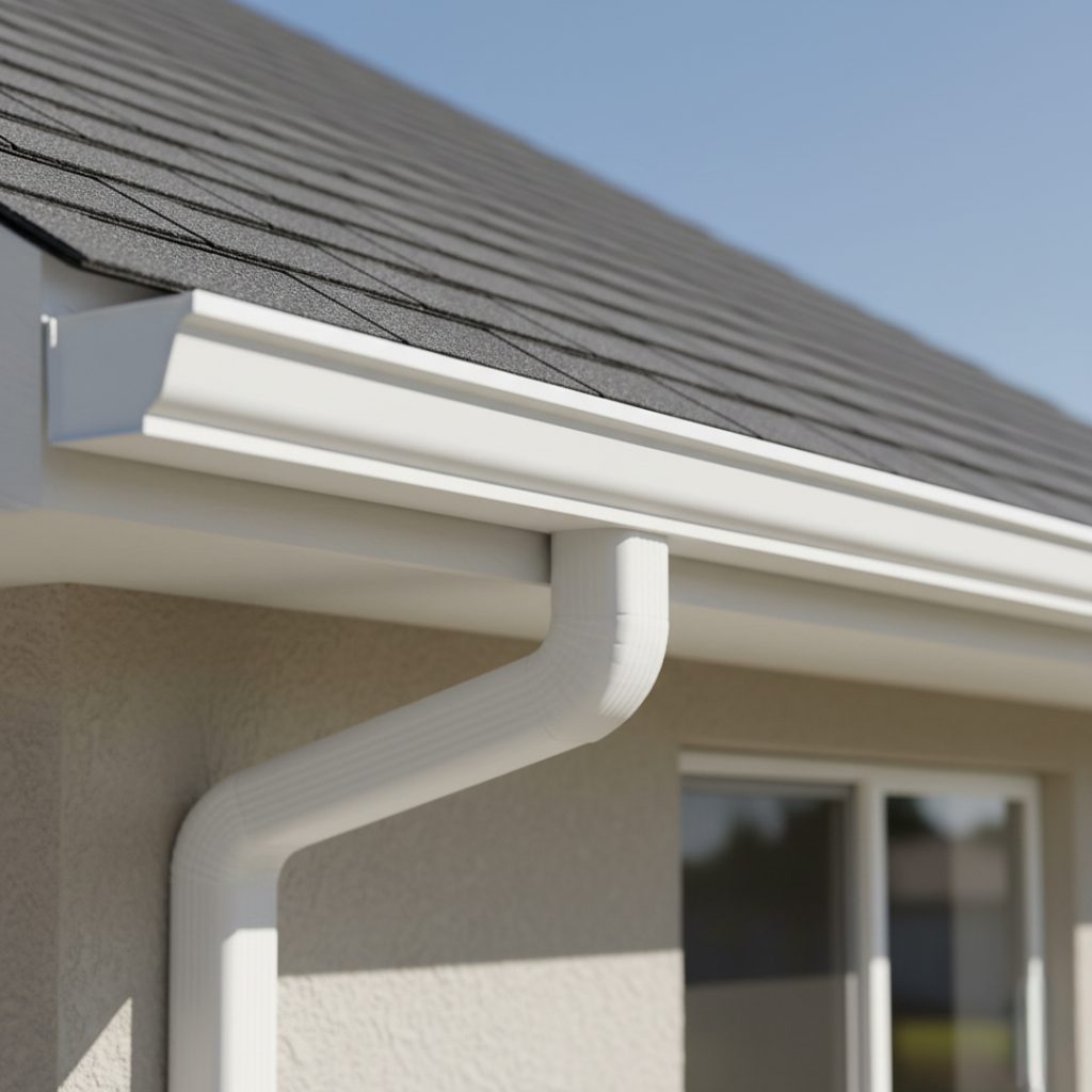 suburban home in modesto white gutters