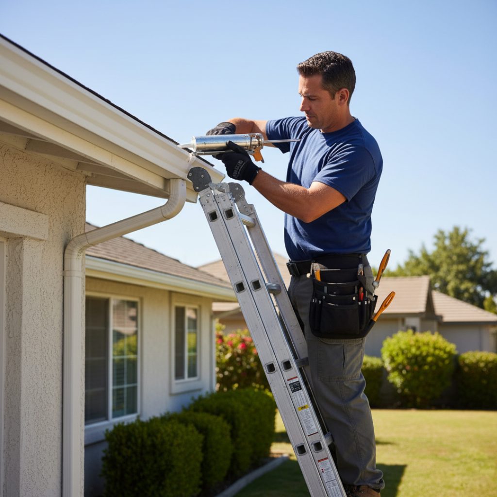 man up on a ladder with poly repairing a section of gutter by the downspout